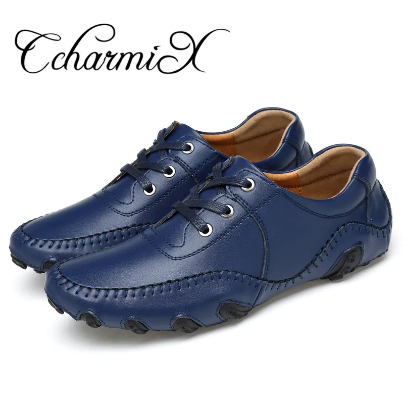 CcharmiX Mens Casual Shoes Handmade Split Leather Lace Up italian Style Blue Men Footwear Top Quality Man Driving Big Size | Обувь