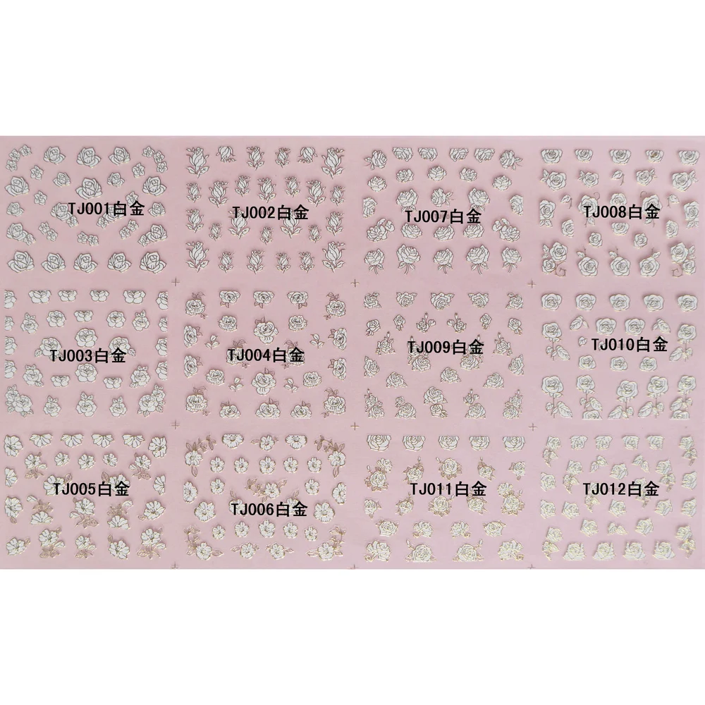 

12 PCS / LOT GOLD SILVER INLAID METAL 3D Nail Stickers Nail Decals Sliders FLOWER ROSE BUDS CAMELLIA TJ001-012