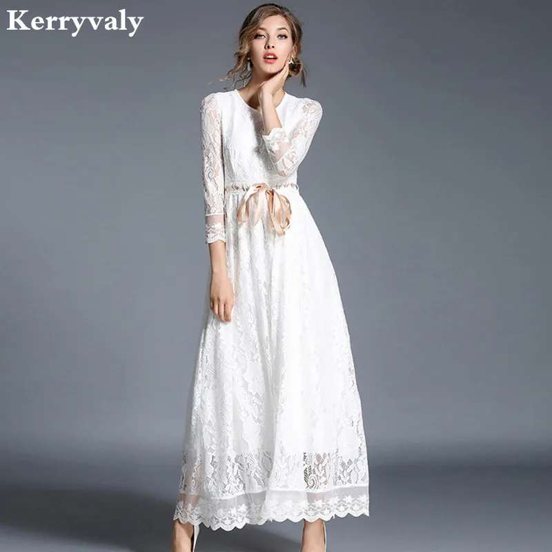 

High-end Hollow Out White Lace Dress Women Maxi Dress Robe Femme Ete 2022 Autumn Long Party Dresses Vestido Longo K9417