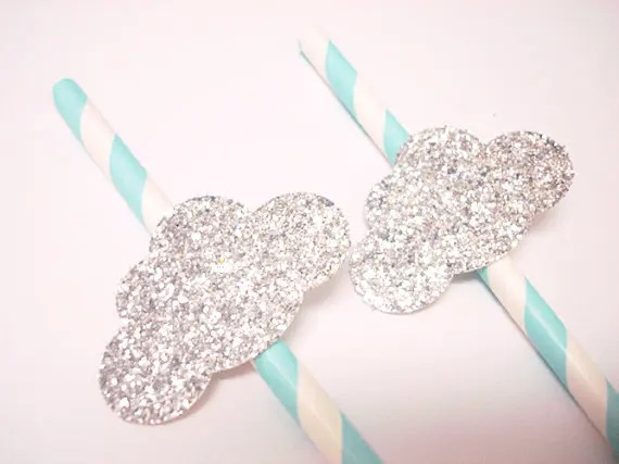 

Silver Glitter Large Cloud paper Straws wedding Bridal Baby Shower birthday party Drink Stirrers / Decorative Straws