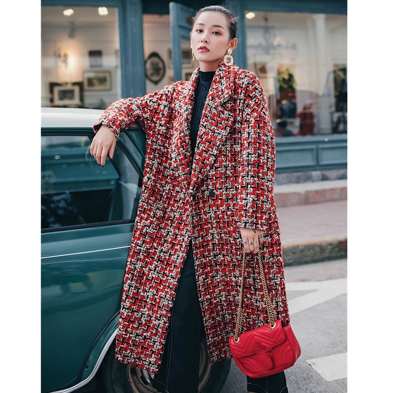 Autumn Winter Female Turn Down Collar Woolen Coat Women Vintage Wool Jacket Lattice Parka Casual Loose X-Long Overcoat Z389