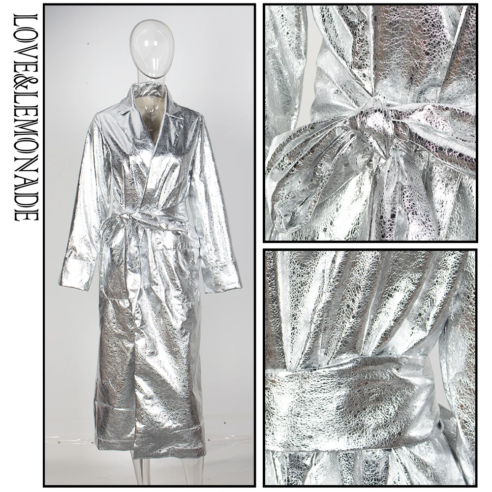 

LOVE&LEMONADE Lapels Loose Long Sleeves Reflective PU Material Coat (With Belt) LM81451SILVER