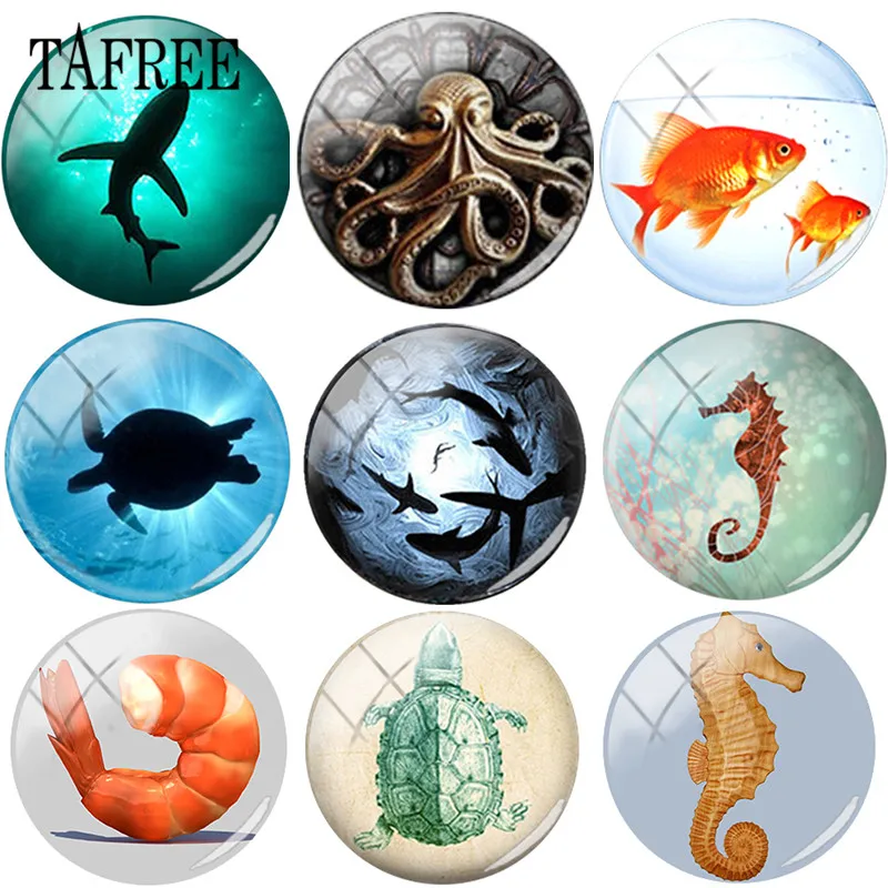 

TAFREE Marine animal Tortoise, squid, goldfish,shrimp,fish,Sea horse 25mm DIY Glass Cabochon Dome Charms For Keychain Necklaces