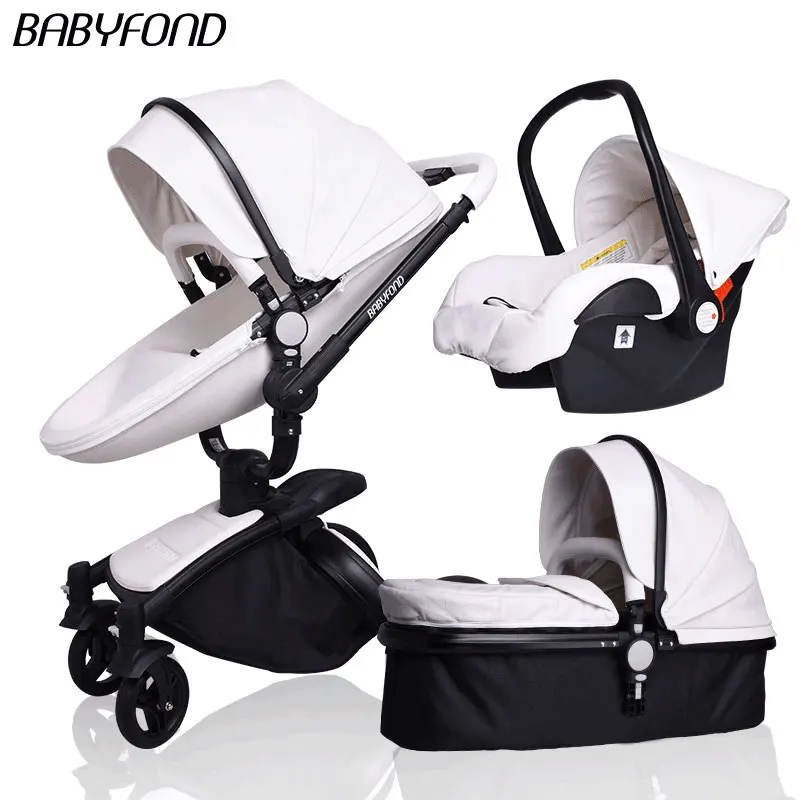 white 3 in 1 Babyfond 3 в 1 детская коляска из искусственной кожи с двусторонними амортизаторами, детская тележка для автомобиля, тележка в европейском стиле с бесплатным зонтиком в подарок - Цвет: white 3 in 1