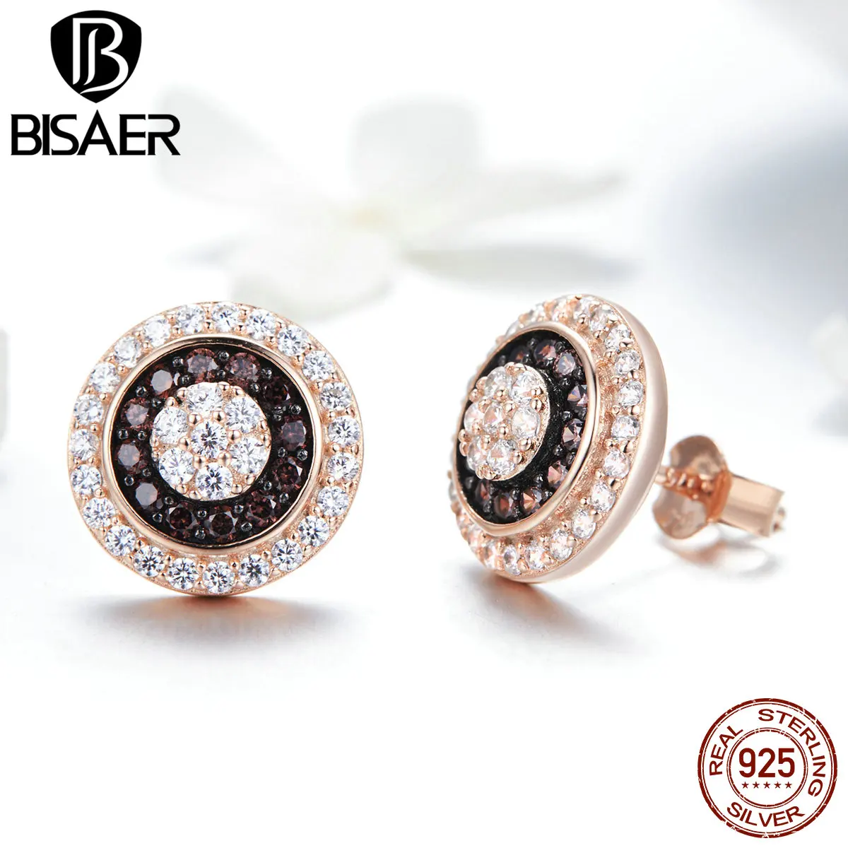 BISAER, настоящие 925 пробы, серебряные круглые серьги-гвоздики для женщин, простые маленькие серьги с цирконием, ювелирные изделия ECE509