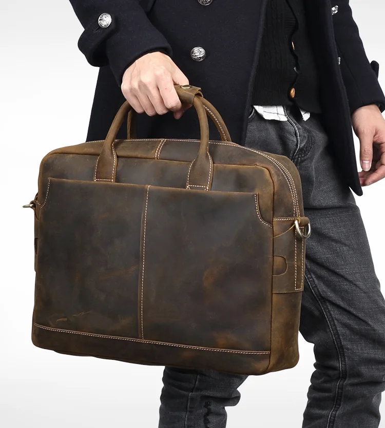 Men's Crazy Genuine leather briefcase male Vintage 15.6 inch Laptop shoulder Messenger bag men large capacity Business handbags