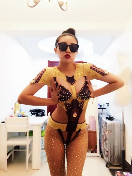 Women New Sexy Printed Sparkly Gold Rhinestones Bodysuit Leotard Jumpsuit Nightclub DJ Lady Singer Dance Wear Party Show Costume