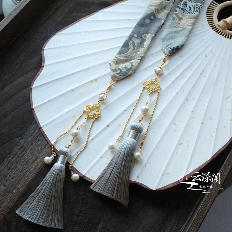 Mysterious gray Мужские и wo мужские салфетки Hanfu повязка для волос с кисточками позолоченный кран кои Съемная кисточка головные уборы аксессуары для волос лента для волос - Цвет: Mysterious gray