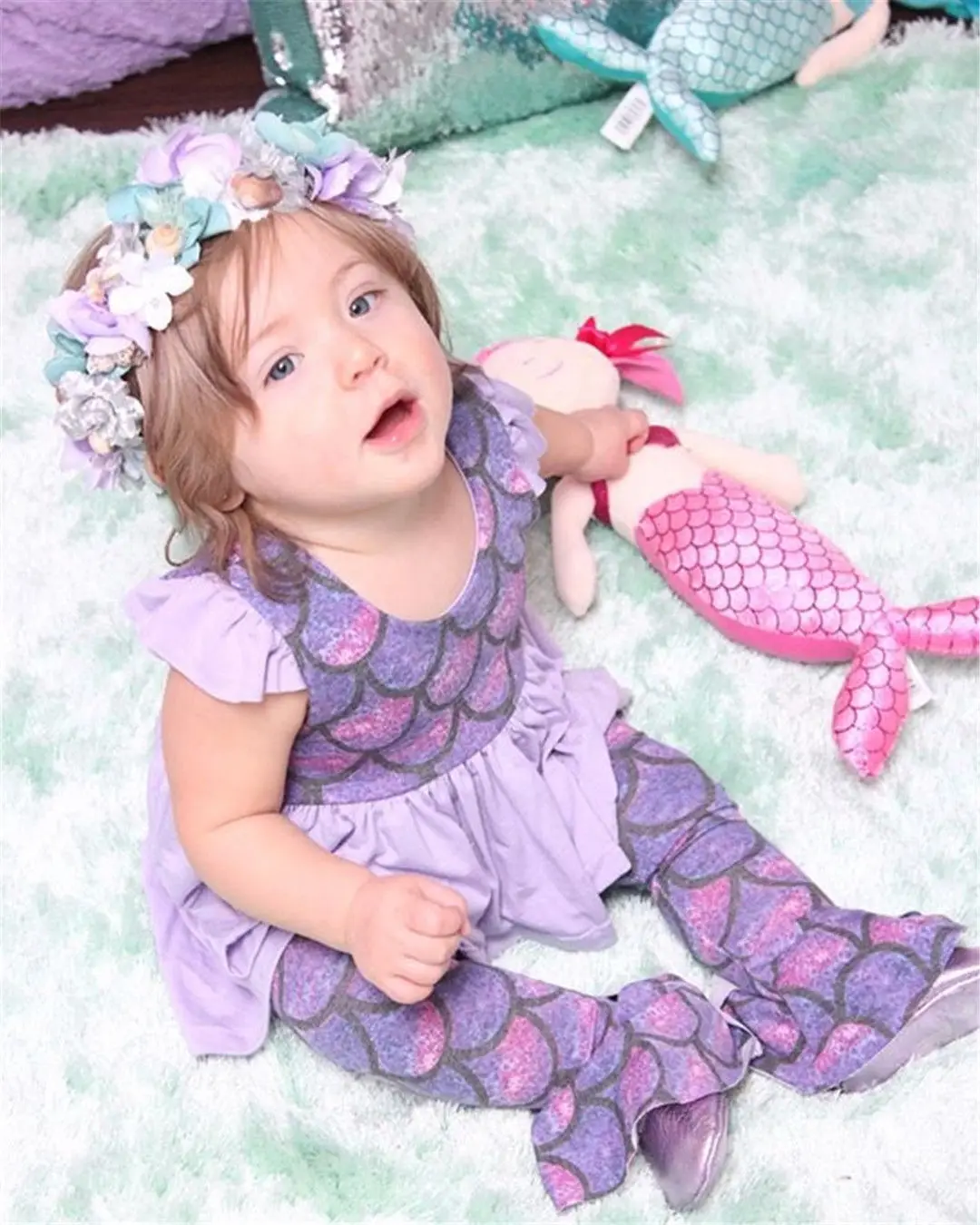 Summer children two-piece cartoon Mermaid dress + leisure pants suit girls short-sleeved clothes 2-6T | Детская одежда и обувь