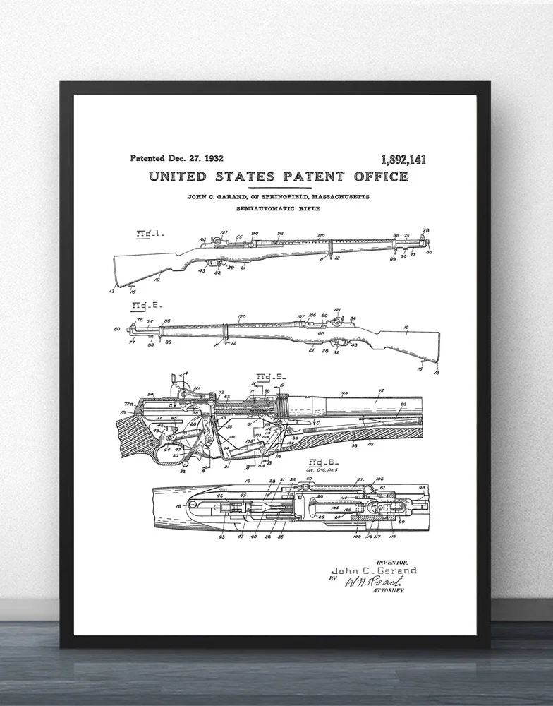 M1 Garand винтовка патент 1932 схема настенное искусство украшение холст