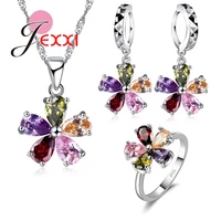 lovely flower women girls party crystal jewelry set 925 sterling silver necklace earrings set holiday gift wholesale
