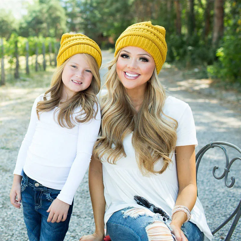 Winter Warm Parent Child Hat Mom Baby Kids Cotton Crochet Knitted Solid Skullies Beanies Balaclava Causal Unisex Cap | Аксессуары для