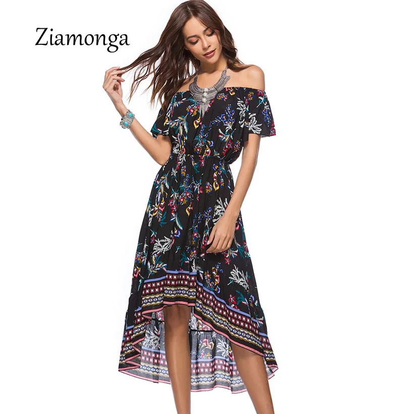 Ziamonga женщины Бохо этнический фольклорный принт эластичная талия женское платье