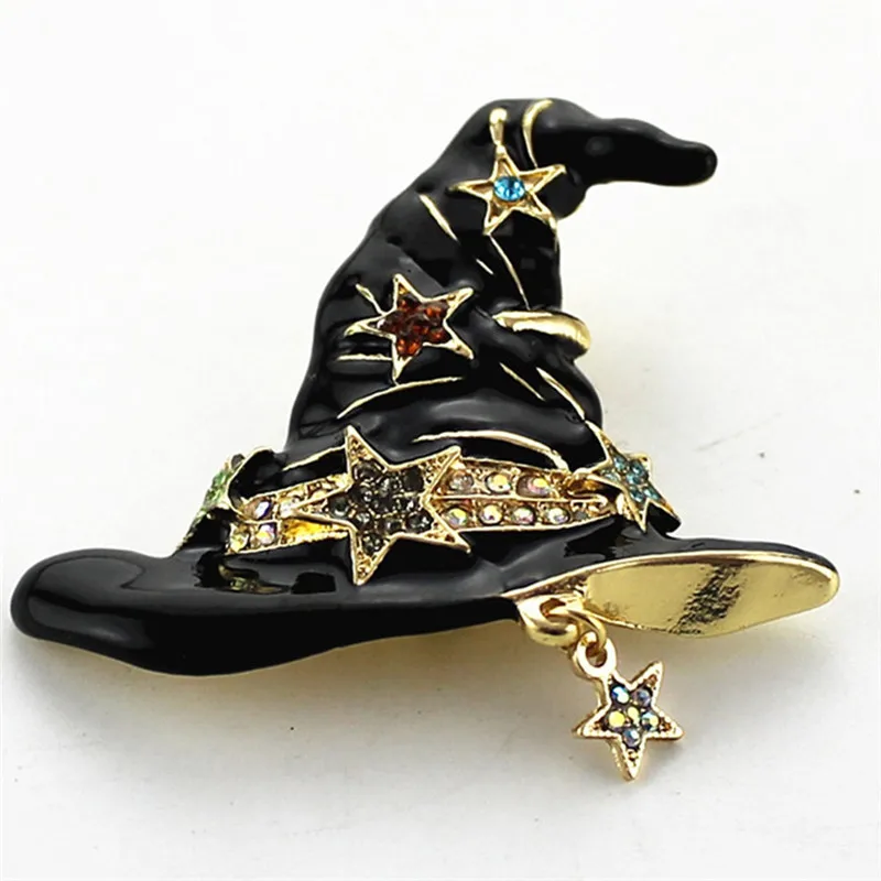 

Pinksee Newest Personality Witch Magic Wizard Black Hat Brooch Crystal Star Enamel Pins for Unisex Clothing Accessories
