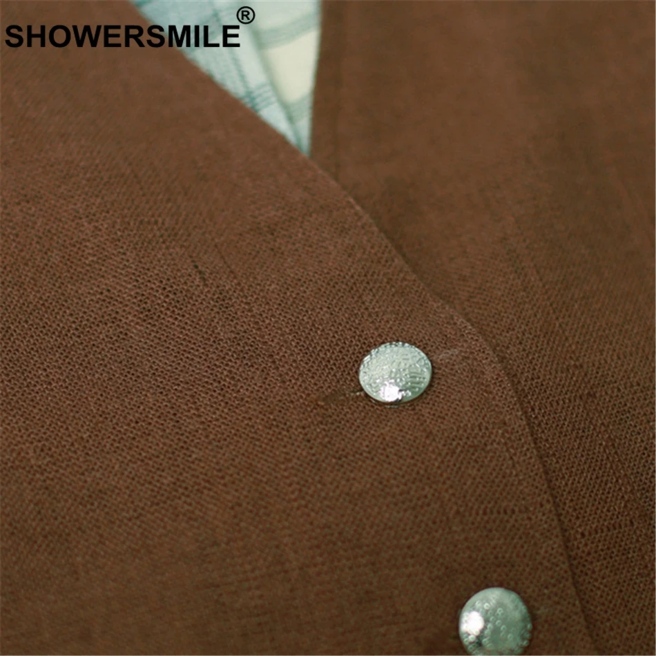 SHOWERSMILE, винтажный льняной жилет, Женский коричневый жилет, короткие куртки, женский, лето, Осень, приталенный, английский стиль, без рукавов, жилет