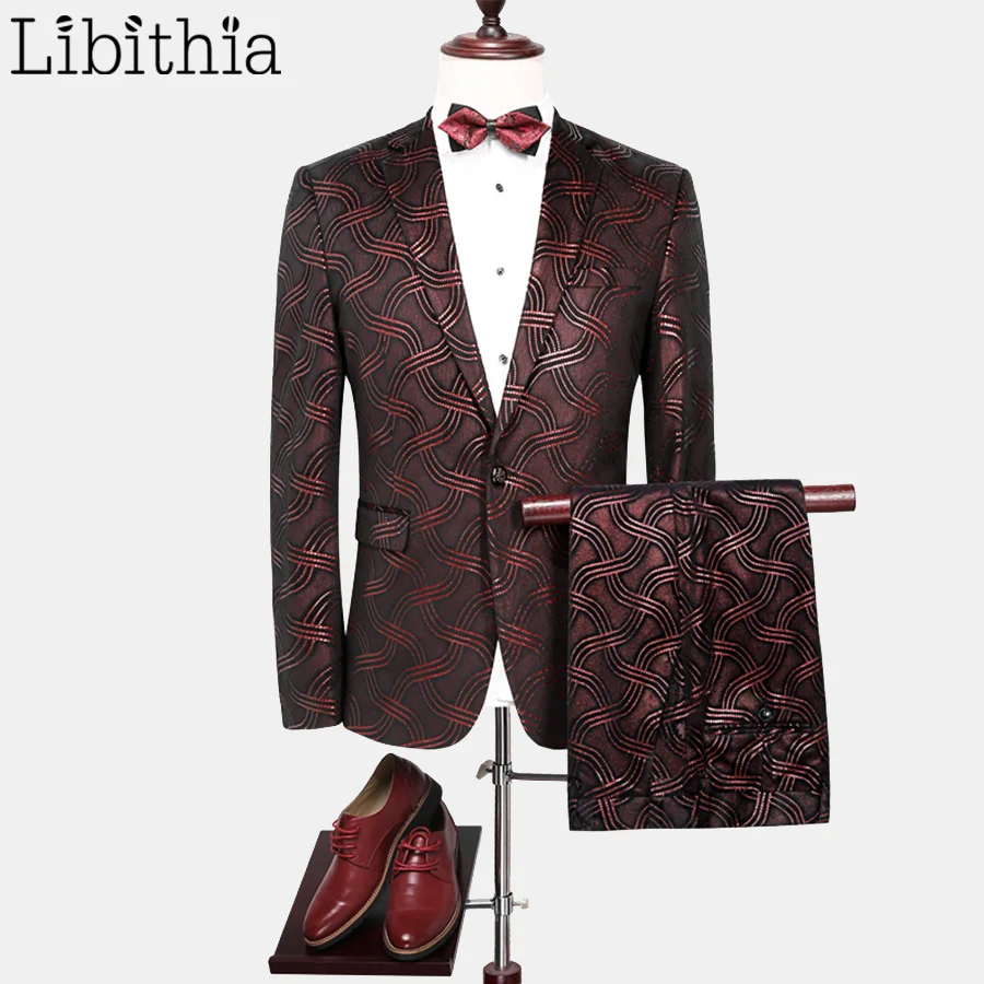 Для мужчин 2 шт. одна кнопка узор Костюмы Свадебная вечеринка пиджак Slim Fit модная