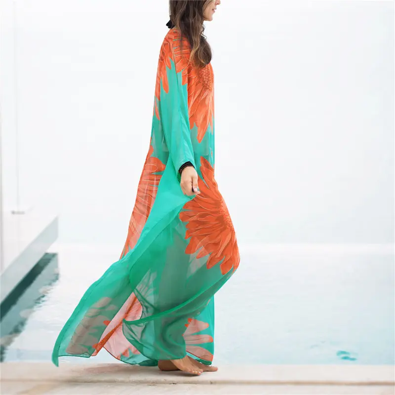 2020 Зеленое Шифоновое пляжное платье кафтан с цветочным принтом летняя Женская
