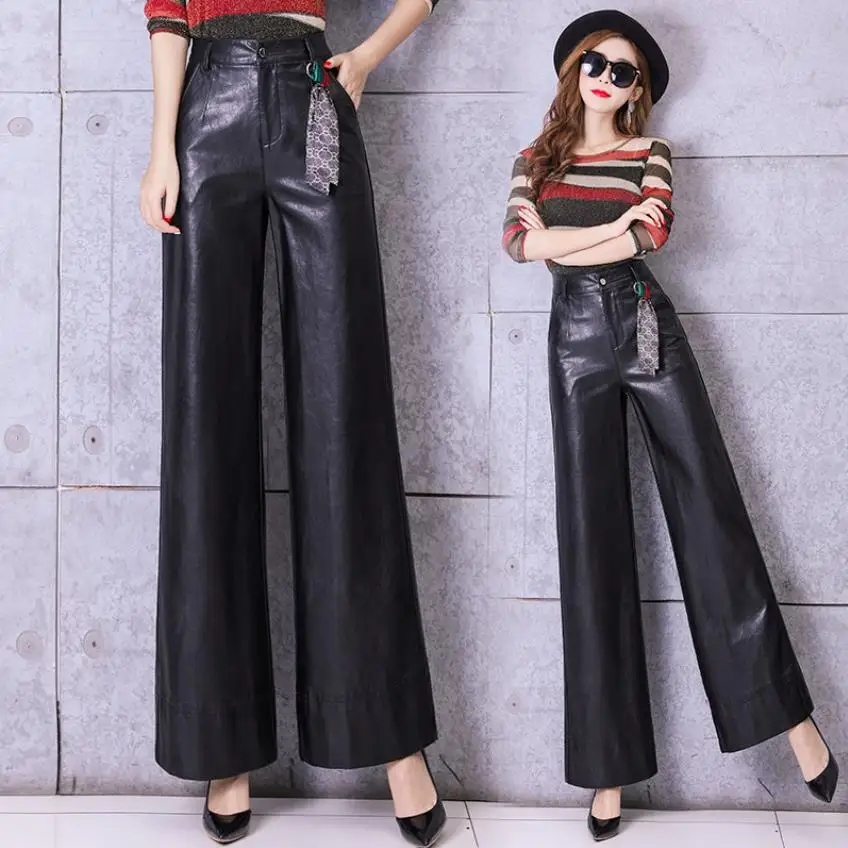 Брюки женские с высокой талией теплые вельветовые из искусственной кожи для