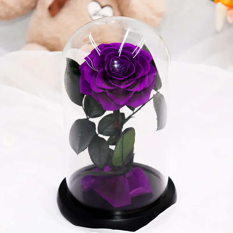 Purple Красавица и Чудовище красная роза в стеклянном куполе на деревянной основе подарок на день Святого Валентина украшение стола вечный цветок - Цвет: Purple