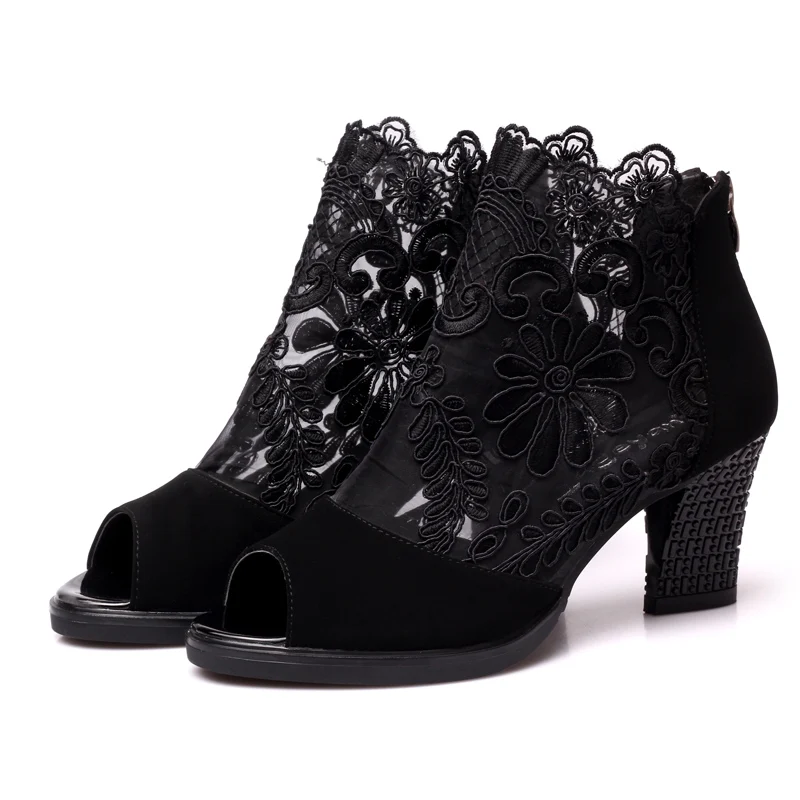 USHINE 5363 Heel 7cm Black Red Lace Outdoor Indoor Modern Square Dance Shoes Buck Zip Ballroom Latin Dance Shoes Women