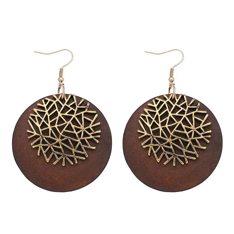

ZWPON Fashion Gold Filigree Art Deco Round Wooden Earrings Women Natural Wood Geometric Circle Statement Earrings Wholesale