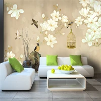 custom 3d wallpaper new chinese classical art pen flower bird branch bird cage background wall silk waterproof material