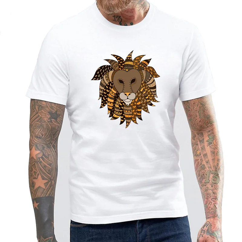 

BLWHSA Brand Clothing Fashion Ethnic hand drawn lion Design Men's T Shirt Boy Cool Tops Hipster Printed Summer Fitness T-shirt