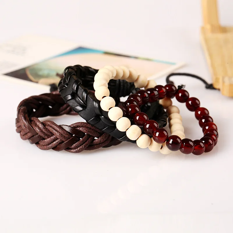 Браслет и браслет из натуральной кожи с бусинами в стиле панк 4 шт. 1 комплект |