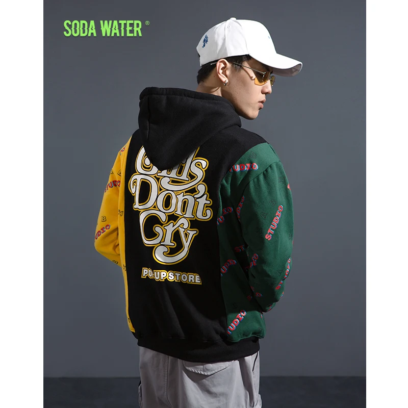 SODA WATER Girls Don't Cry Letter Printed Hoodies Patchwork Hooded Sweatshirts streetwear Hip hop Casual Brand Clothes 8941WS | Мужская