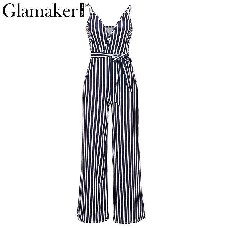 Женский полосатый комбинезон Glamaker летний длинный с глубоким v образным вырезом