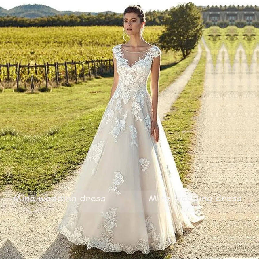 Винтаж свадебное платье Vestidos de Novia из кружева, с вырезом на шее, с аппликацией Свадебные платья без спинки платье невесты из тюля
