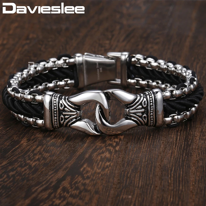 

Davieslee Fashion Mens Man-made Leather Bracelet Stainless Steel Box Link Knot Charm Wristband 12/13mm Gold Silver Color DHB496