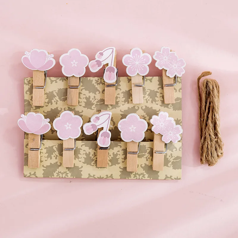 Cherry Blossoms 10 шт. красочный деревянный зажим+ 1 шт. веревка милый кот коготь фрукты Фламинго фото зажимы Размер 35 мм ремесло украшения Зажимы колышки - Цвет: Cherry Blossoms