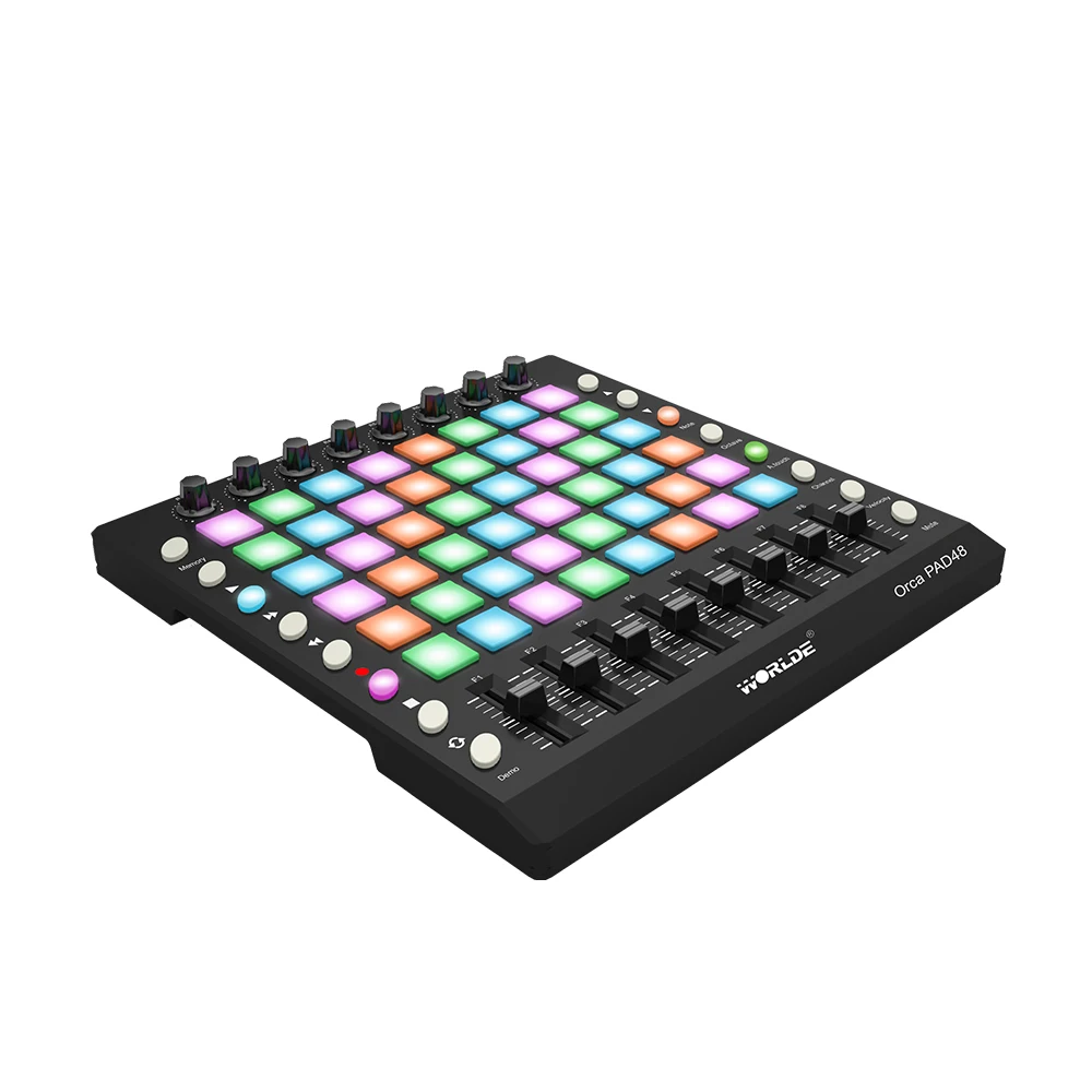 

WORLDE PAD48 Portable USB MIDI Drum Pad Controller 48 RGB Backlit Pads 8 Knobs 16 Buttons 8 Sliders with USB Cable