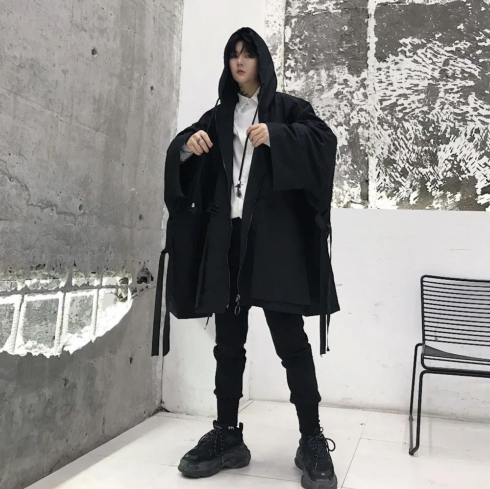 Мужские плащи с капюшоном Darkness Wizard Свободная Толстовка Оуэн Готический человек Oveisize одежда Карманы высокий уличный Подиум летучая мышь пальто