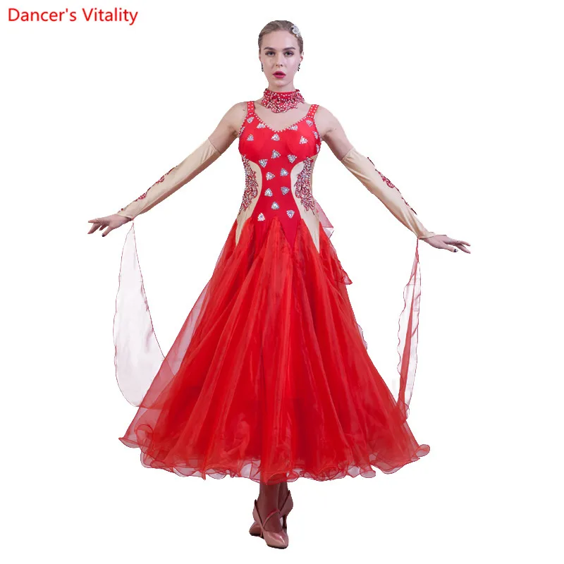 Черный/белый/красный Стразы платье для отдыха стандартный танцевальный костюм