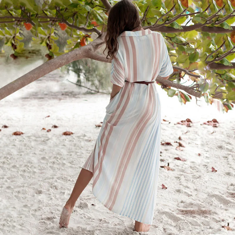 Женское богемное платье-рубашка в полоску повседневное Пляжное Платье макси с