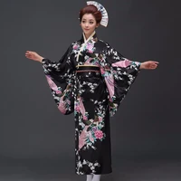 black peafowl japanese kimono womens polyester satin kimono yukata evening dress haori kimono with obi one size