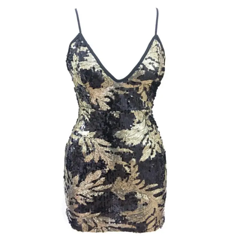 Novelty arrival high fashion festive dress female gold v-neck sleeveless sequins Autumn Green backless mini | Женская одежда