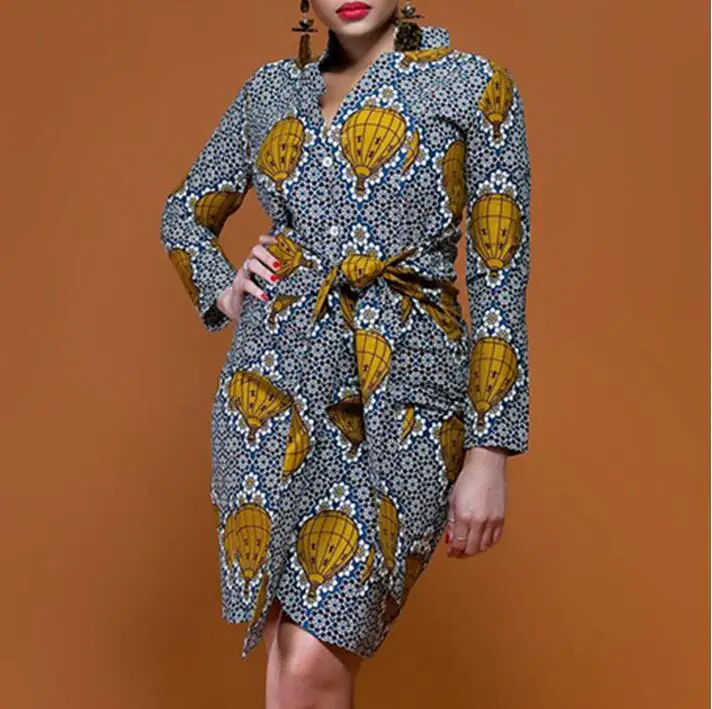 

balloon printting pattern national trend V neck belt irregular long sleeve dress