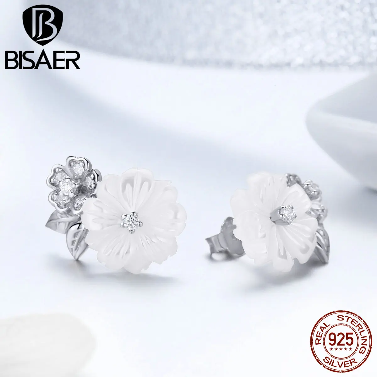 Серьги-гвоздики BISAER для женщин, 925 пробы, серебро, чистый белый корпус, Цветок сакуры, серьги-гвоздики Brincos Argent Bijoux GAE008