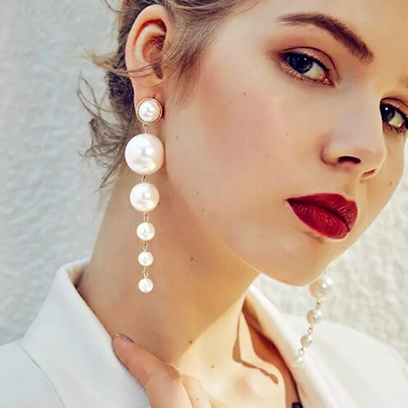 

New Fashion Elegant Created Big Simulated Pearl Long Earrings Pearls String Statement Dangle Earrings For Wedding Party Gift A07