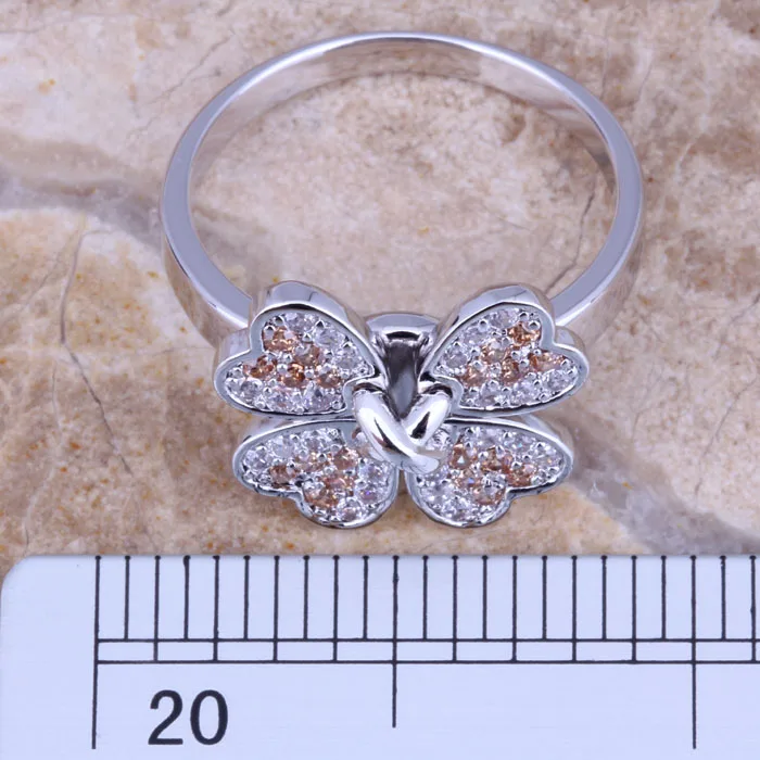 Посеребренное кольцо цвета шампанского морганита четырехлистного клевера с