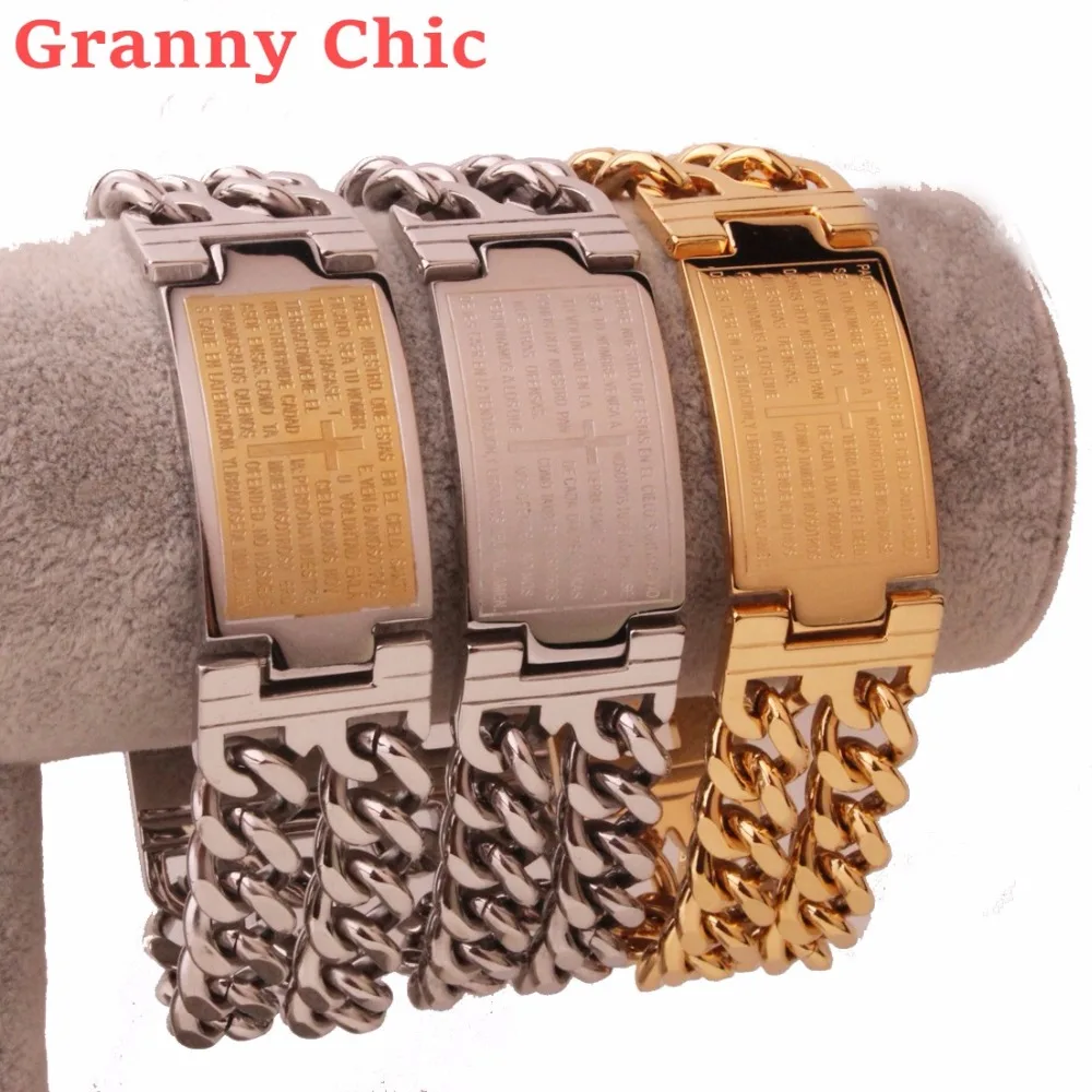 

Мужские браслеты Granny Chic 9 дюймов, гладкий браслет с биркой из Библии с идентификационными бирками, двойное звено из нержавеющей стали, модные ювелирные украшения