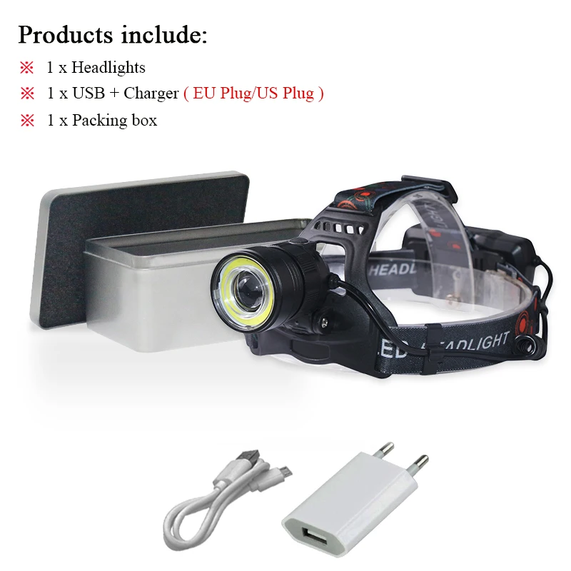 led head lamp H-BOX USB фара COB высокой мощности светодиодный налобный фонарь перезаряжаемый Головной фонарь 18650 зум кемпинг xml t6 фар - Испускаемый цвет: led head lamp H-BOX