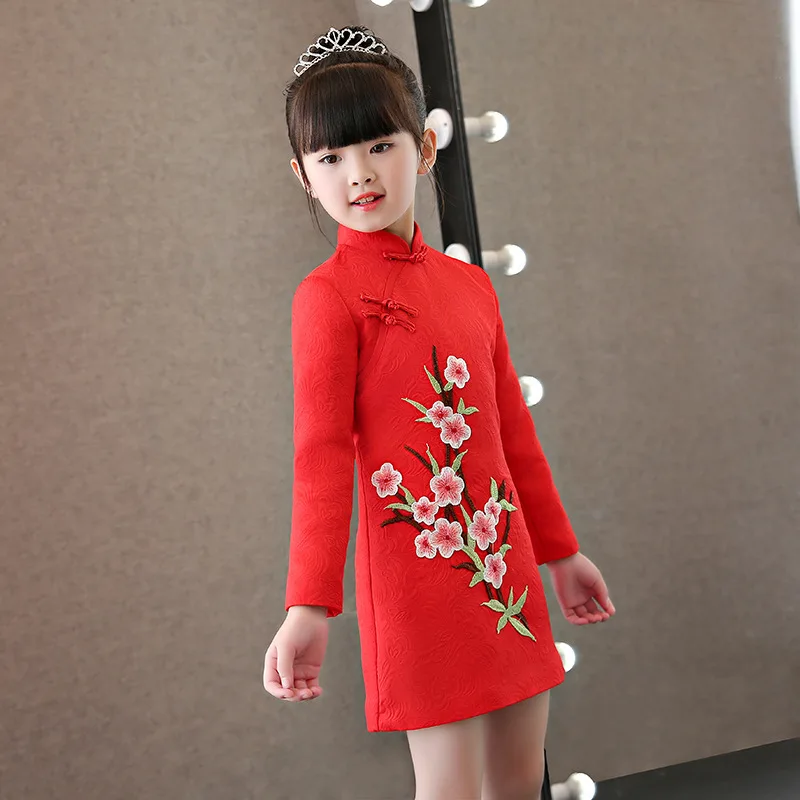 Красное китайское платье Qipao с длинным рукавом для маленьких девочек зимнее