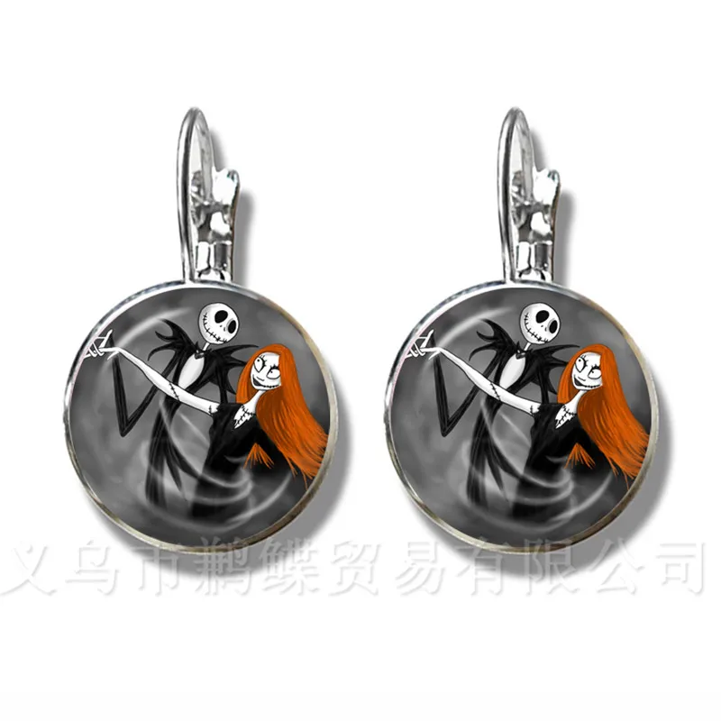 

Newest Trendy Jack Skellington Stud Earrings For Women Girls Glass Cabochon Jewelry Nightmare Before Christmas Halloween Gift