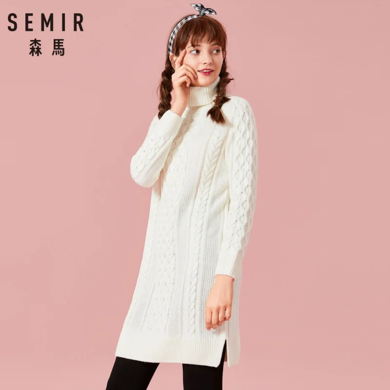 SEMIR Для женщин из смесовой шерсти закатывающиеся Свитер с воротником платье
