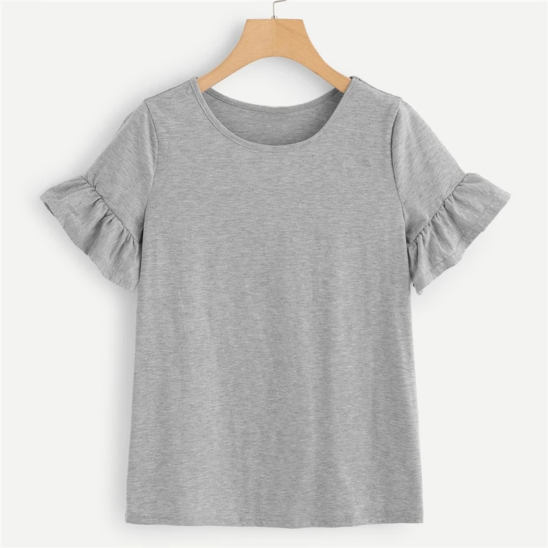 Dotfashion серая Женская Повседневная футболка с рюшами и оборками на рукавах, лето, кавайные Топы с коротким рукавом, корейская модная одежда, футболка