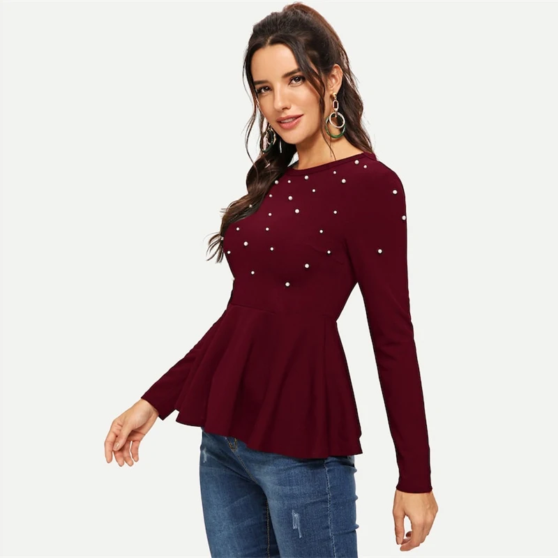 SHEIN Однотонный Топ С Баской И Бусинами, Нарядная Блуза С Длинными Рукавами